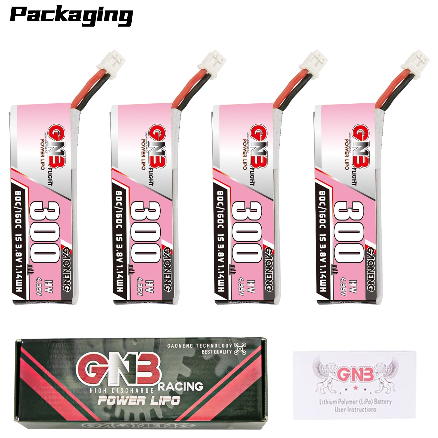 Packaging contents: four GNB300 300mAh 1S batteries plus GNB Racing Power LiPo box and leaflet