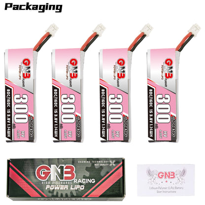 Packaging contents: four GNB300 300mAh 1S batteries plus GNB Racing Power LiPo box and leaflet