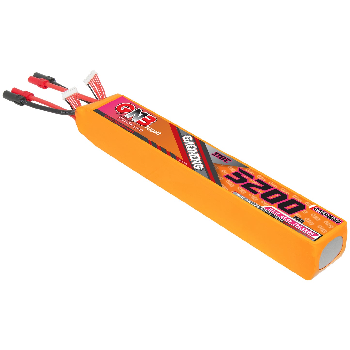 GAONENG GNB 12S 44.4V 5200mAh 110C LiPo battery pack with XT150 lead, angled view