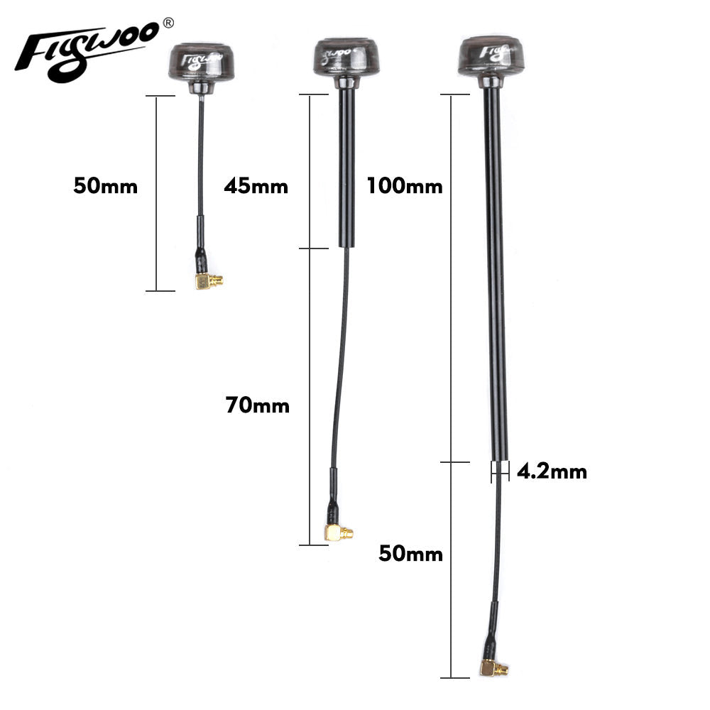 Flywoo 5.8GHz circular polarized FPV antenna with 90° MMCX connector, shown in 50mm, 70mm and 100mm lengths