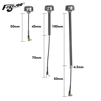 Flywoo 5.8GHz circular polarized FPV antenna with 90° MMCX connector, shown in 50mm, 70mm and 100mm lengths