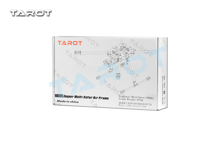 Tarot XS690 quadcopter product image features SG9E super muti frame with a diagonal distance of 77cm, made in China.