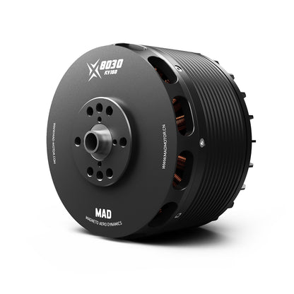 MAD X8030 eVTOL Airplane Drone Motor, MAD X8030 KV180 brushless drone motor with black finned housing, front mounting plate and central shaft