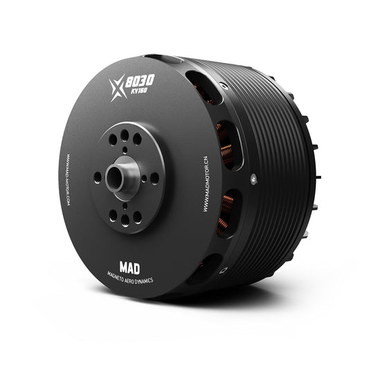 MAD X8030 eVTOL Airplane Drone Motor, MAD X8030 KV180 brushless drone motor with black finned housing, front mounting plate and central shaft