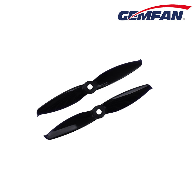Black two-blade Gemfan drone propellers, 5152 style prop set on white background