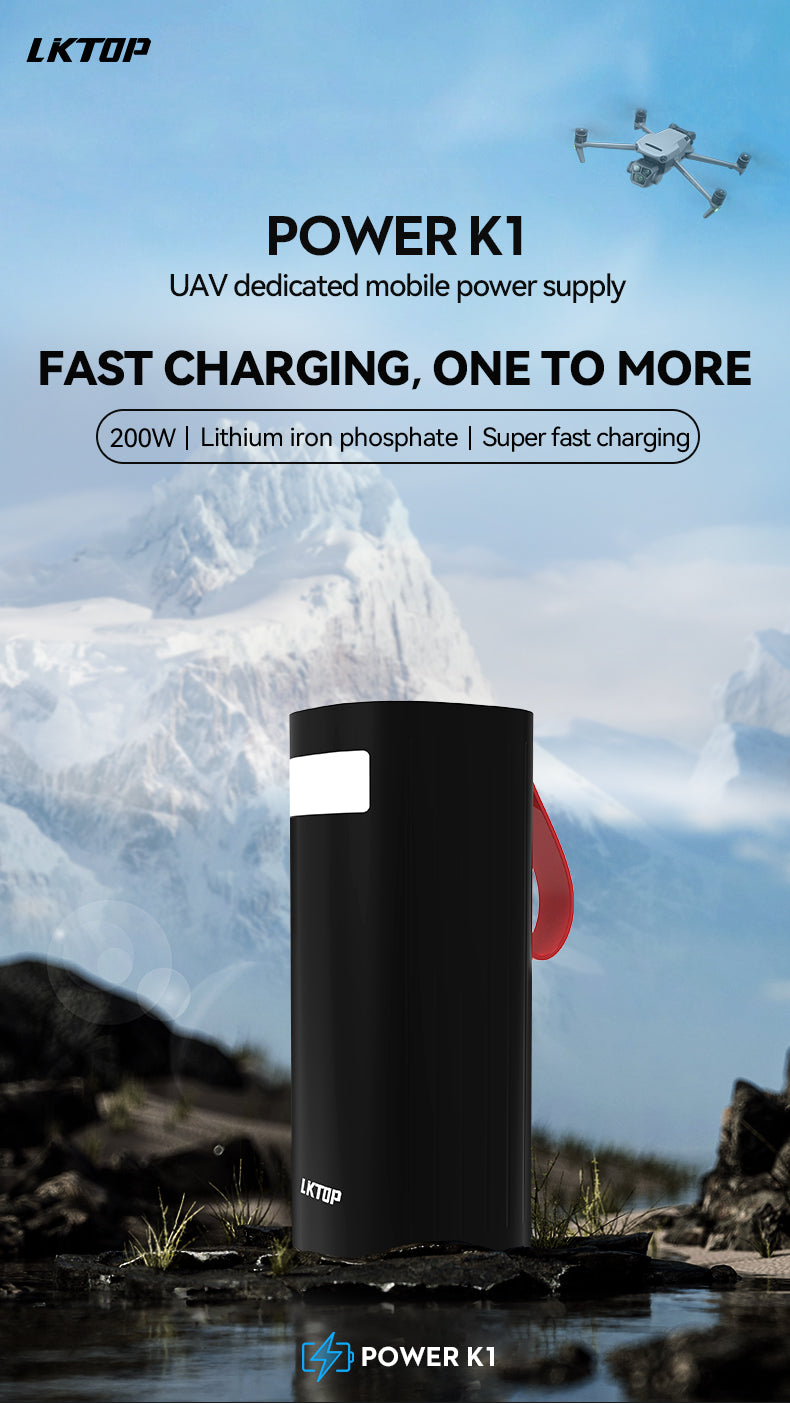 LKTOP POWER K1: 200W outdoor UAV power bank with fast charging, lithium iron phosphate, and multi-device support.