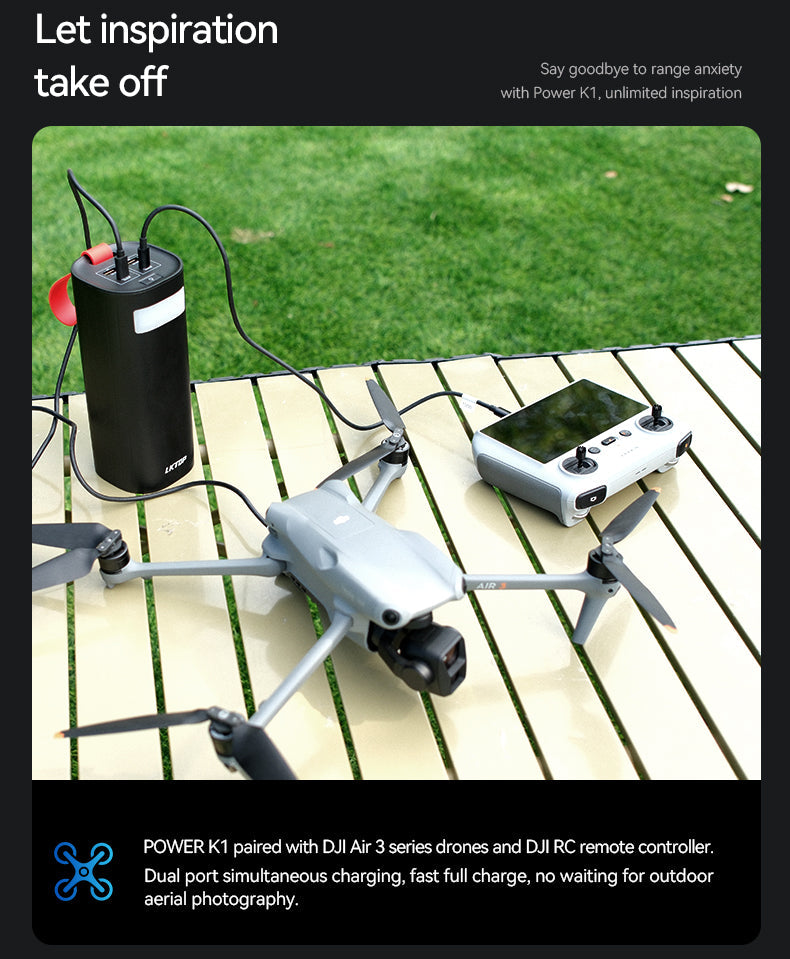 LKTOP K1 power bank fast-charges DJI Air 3 drone and controller together for quick outdoor aerial photography.