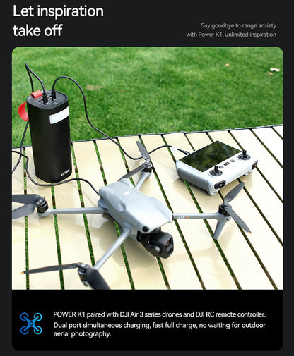 LKTOP K1 power bank fast-charges DJI Air 3 drone and controller together for quick outdoor aerial photography.