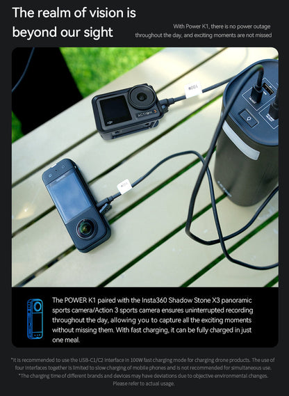 Power K1 offers all-day Insta360 recording with fast charging, supports 4 devices (200W max), uses LFP cells, and features a side LED.