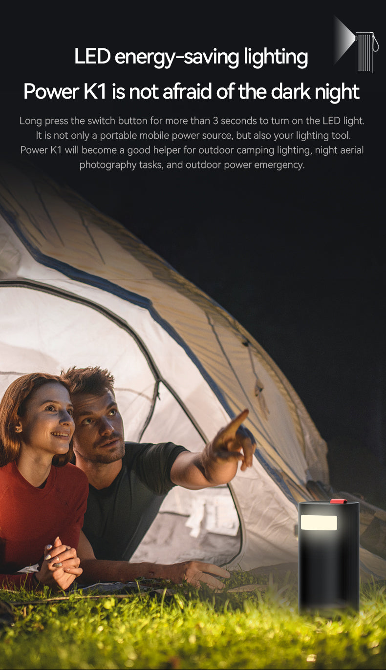 Power K1: 60,000mAh battery with LED light, dual 100W USB-C, 2 USB-A ports—charges 4 devices; great for camping, night photography, emergencies.