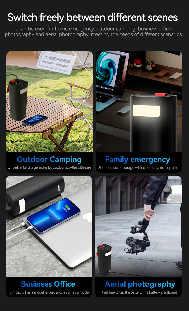 60000mAh power bank charges four devices, offers 200W max output, LFP cells, LED light—ideal for camping, emergencies, offices, and aerial photography.