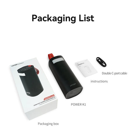 LKTOP POWER K1: 60,000mAh power bank with dual USB-C, two USB-A, 200W max, LFP cells, and LED light.