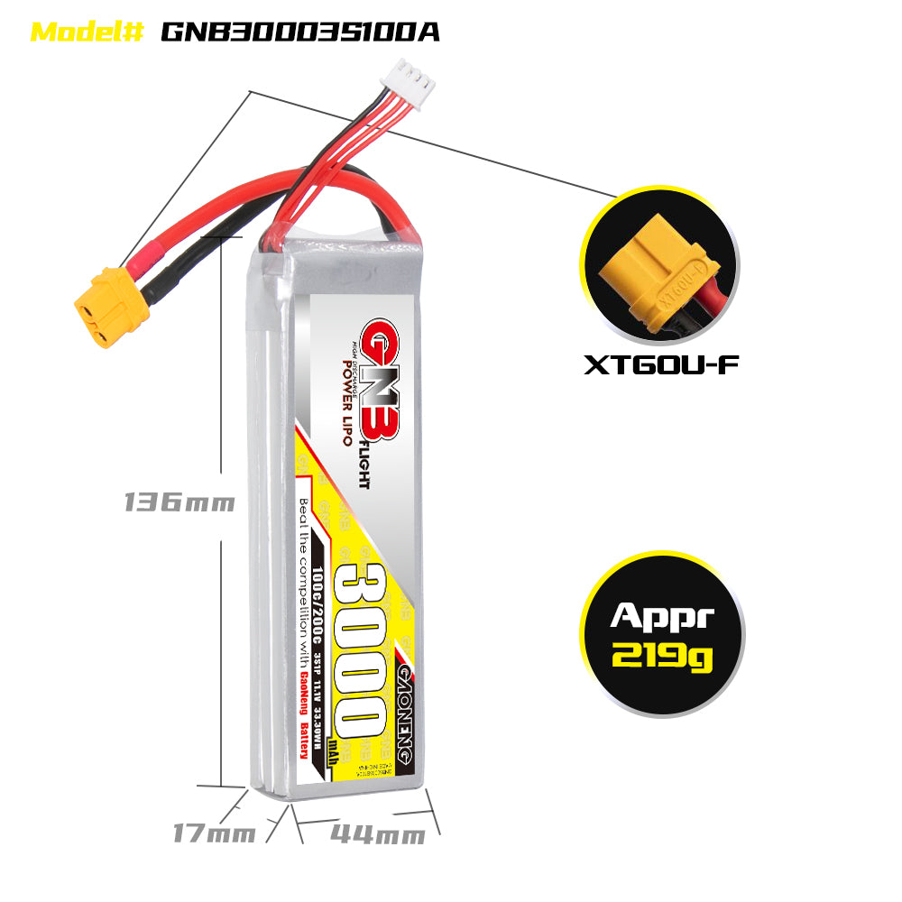 GNB30003S100A battery size and connector details: 136×44×17mm, XT60U-F plug, approx 219g