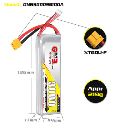 GNB30003S100A battery size and connector details: 136×44×17mm, XT60U-F plug, approx 219g