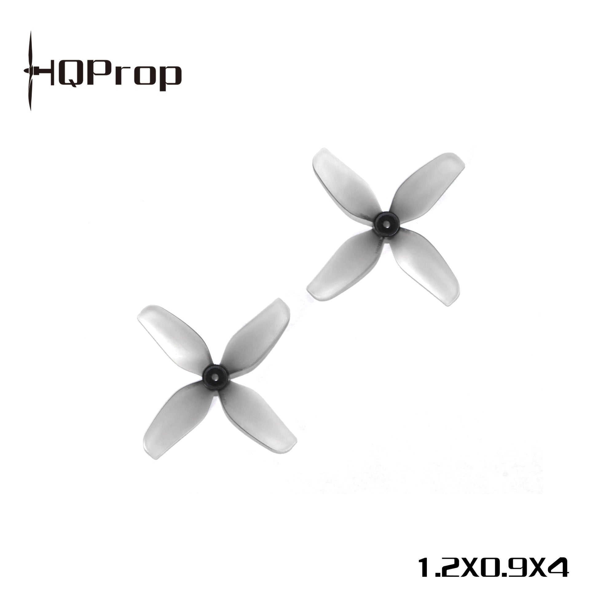 Two grey 4-blade micro whoop props with HQProp logo and size marking 1.2x0.9x4