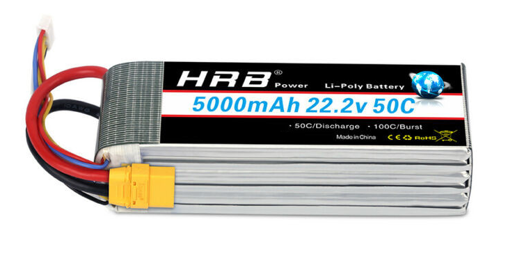 HRB 22.2V 5000mAh 50C 6S LiPo Battery side view with label and XT60 plug