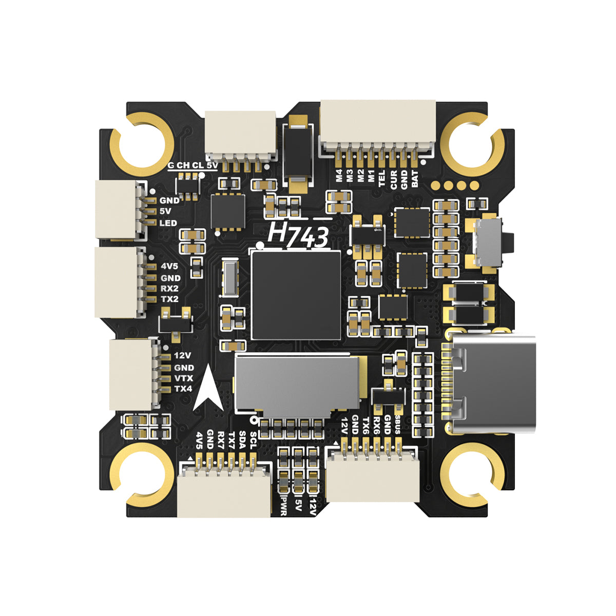 BrotherHobby Returner H743 Betaflight flight controller board with USB-C port, plug connectors, and labeled solder pads