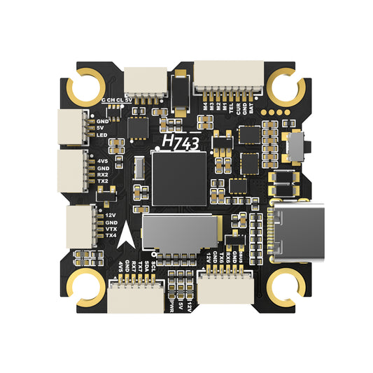 BrotherHobby Returner H743 Betaflight flight controller board with USB-C port, plug connectors, and labeled solder pads