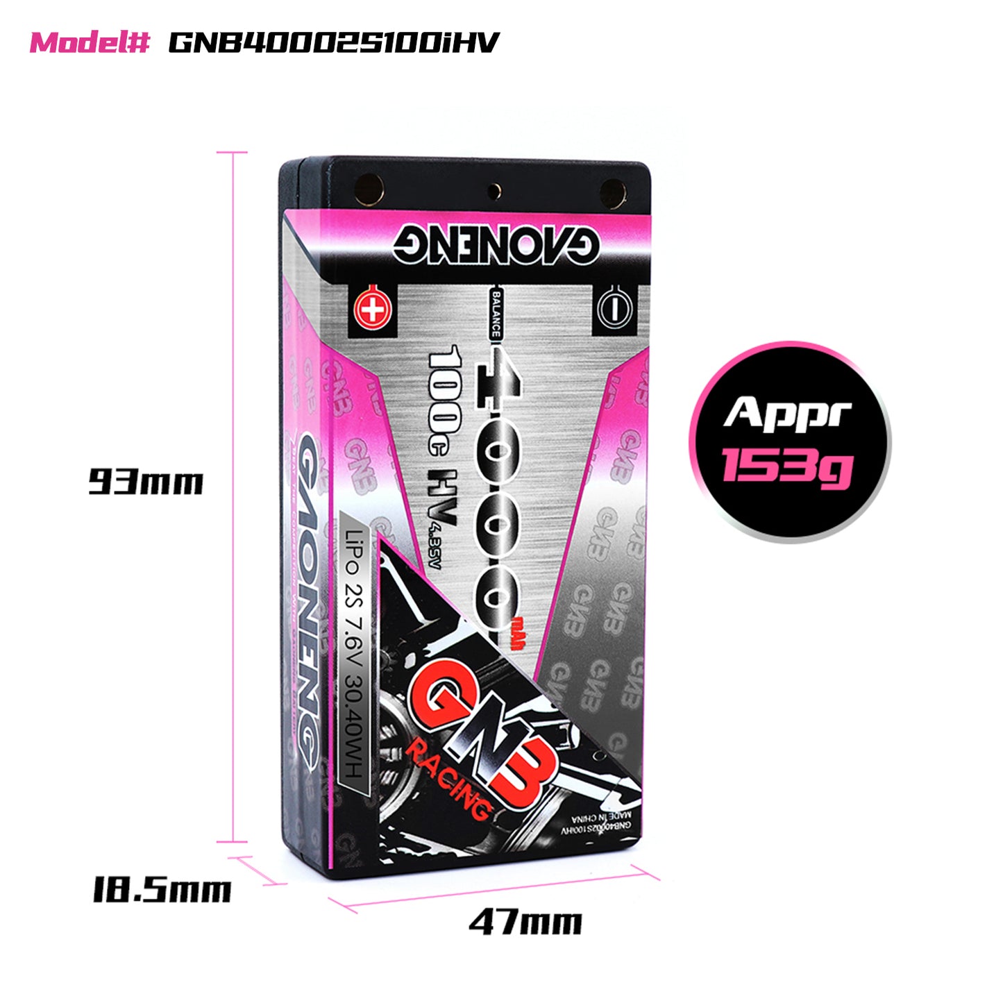 GAONENG GNB 2S 7.6V 4000mAh 100C LCG Shorty 4mm Bullet Hard Case LiPo Battery