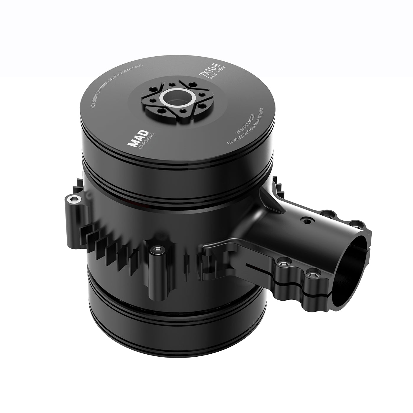 MAD 7x10-II black coaxial drone propulsion motor pod with top mounting plate and side arm clamp