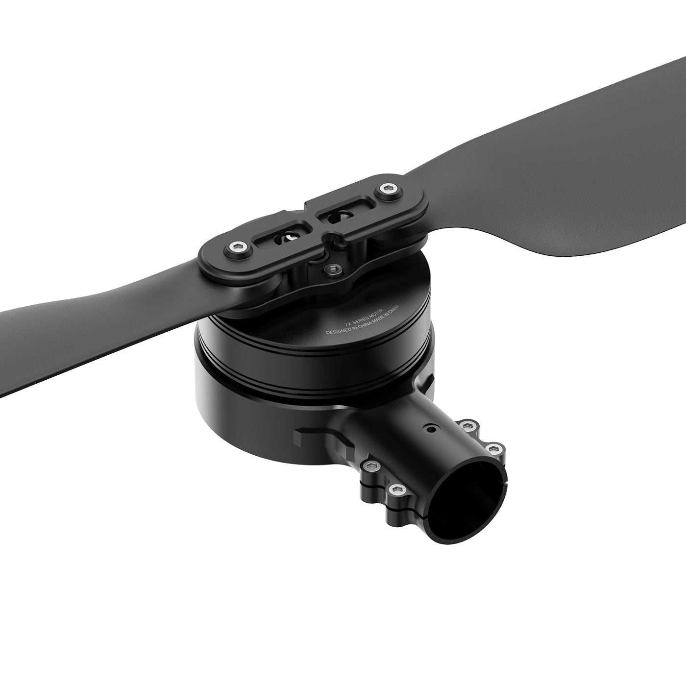MAD 7X-10 135KV Drone Arm, Black MAD 7X-10 drone arm with integrated motor mount and two-blade propeller attached