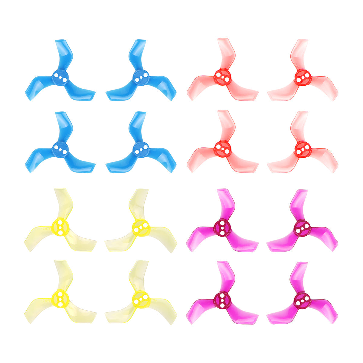 Gemfan 40mm 3-Blade Whoop Propeller set in multiple colors, top-down view of tri-blade props