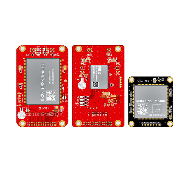 Beitian K823 GNSS module boards shown with adapter and square module, multi-board comparison layout