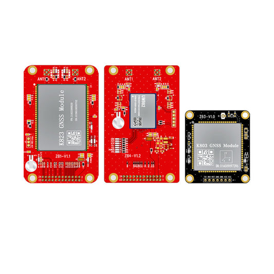 Beitian K823 GNSS module boards shown with adapter and square module, multi-board comparison layout
