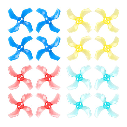 Gemfan 40mm 4-blade propellers shown in multiple colors: blue, yellow, red, and light teal sets