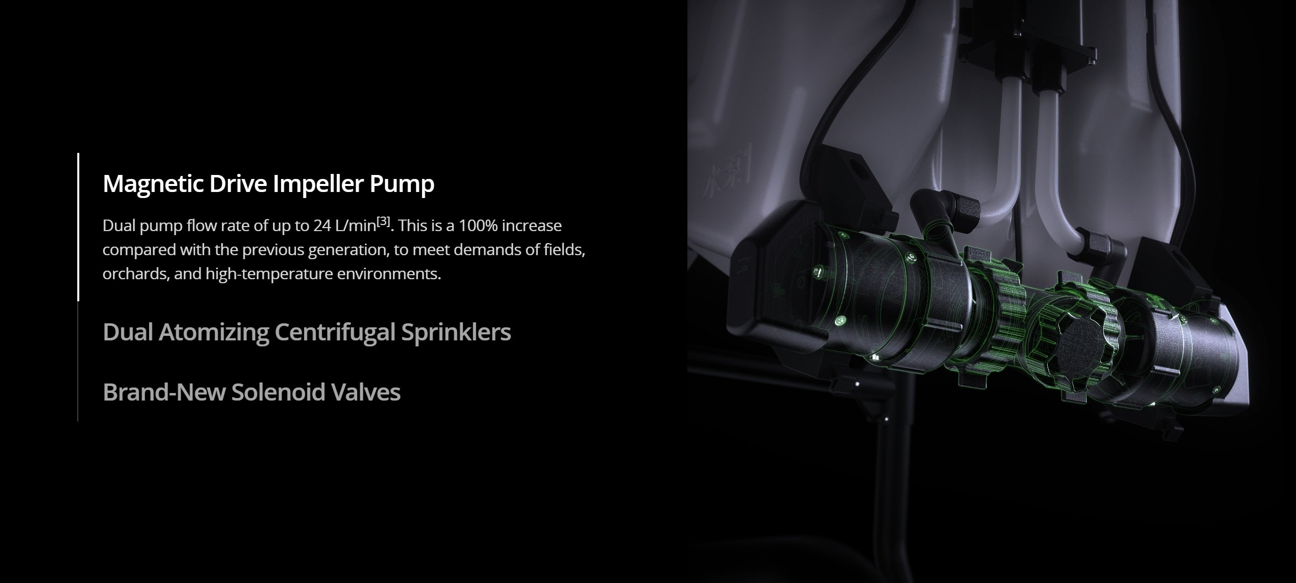 DJI Agras T50 , Magnetic drive impeller pump drone delivers increased flow rate for agriculture and high-temp applications.