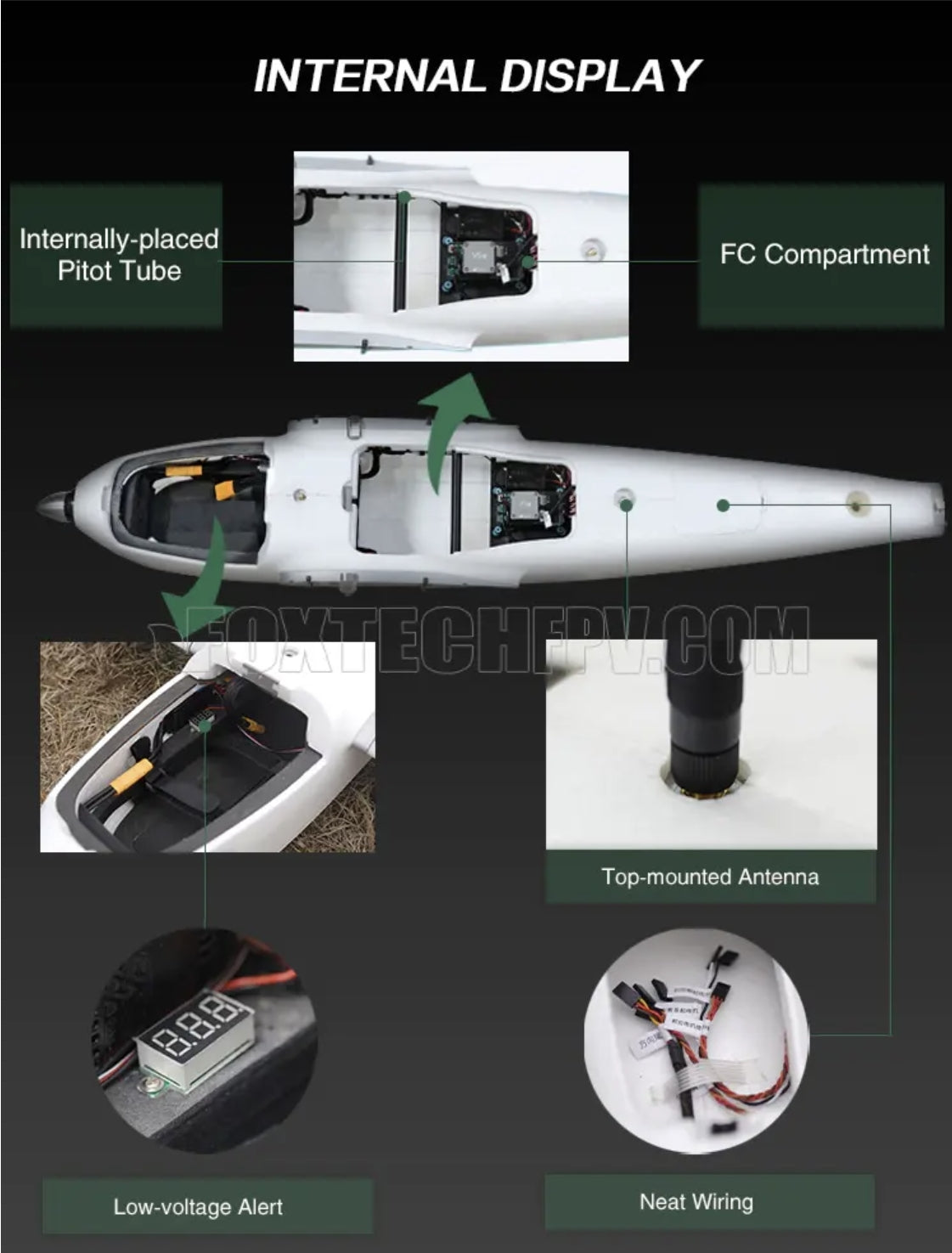 Foxtech Loong 2160 VTOL Airplane, Compact drone with internal display, compartments, and sensors for efficient flight monitoring.