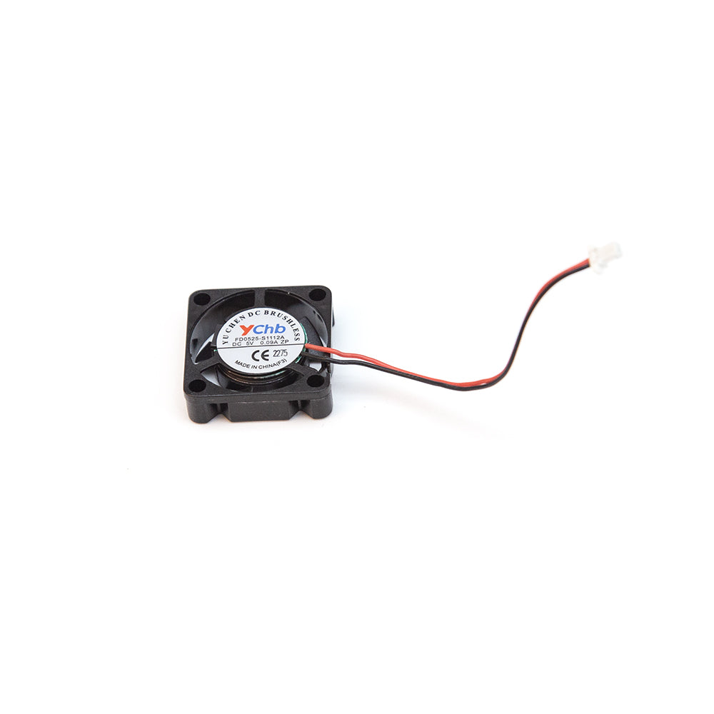 Rear label view of small FPV goggle cooling fan with mounting holes, red/black wire and 2-pin connector