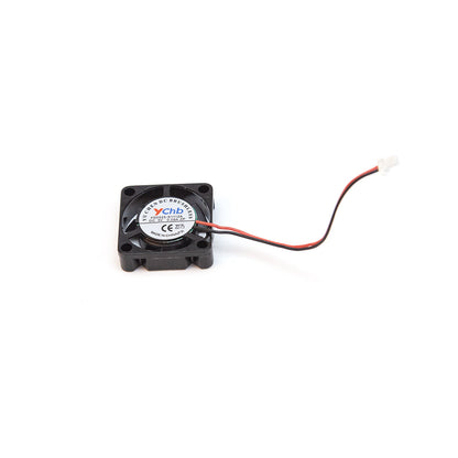 Rear label view of small FPV goggle cooling fan with mounting holes, red/black wire and 2-pin connector