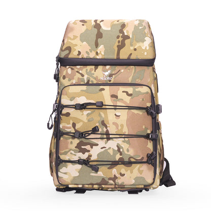 HGLRC B2 14.5L drone backpack travel carry bag, camo front view with bungee cord pocket