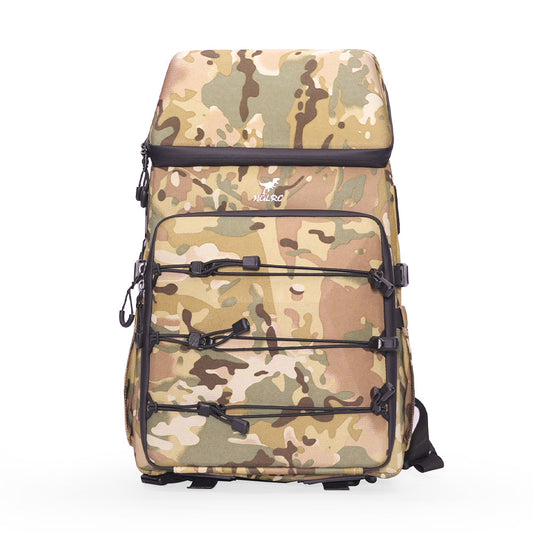 HGLRC B2 14.5L drone backpack travel carry bag, camo front view with bungee cord pocket