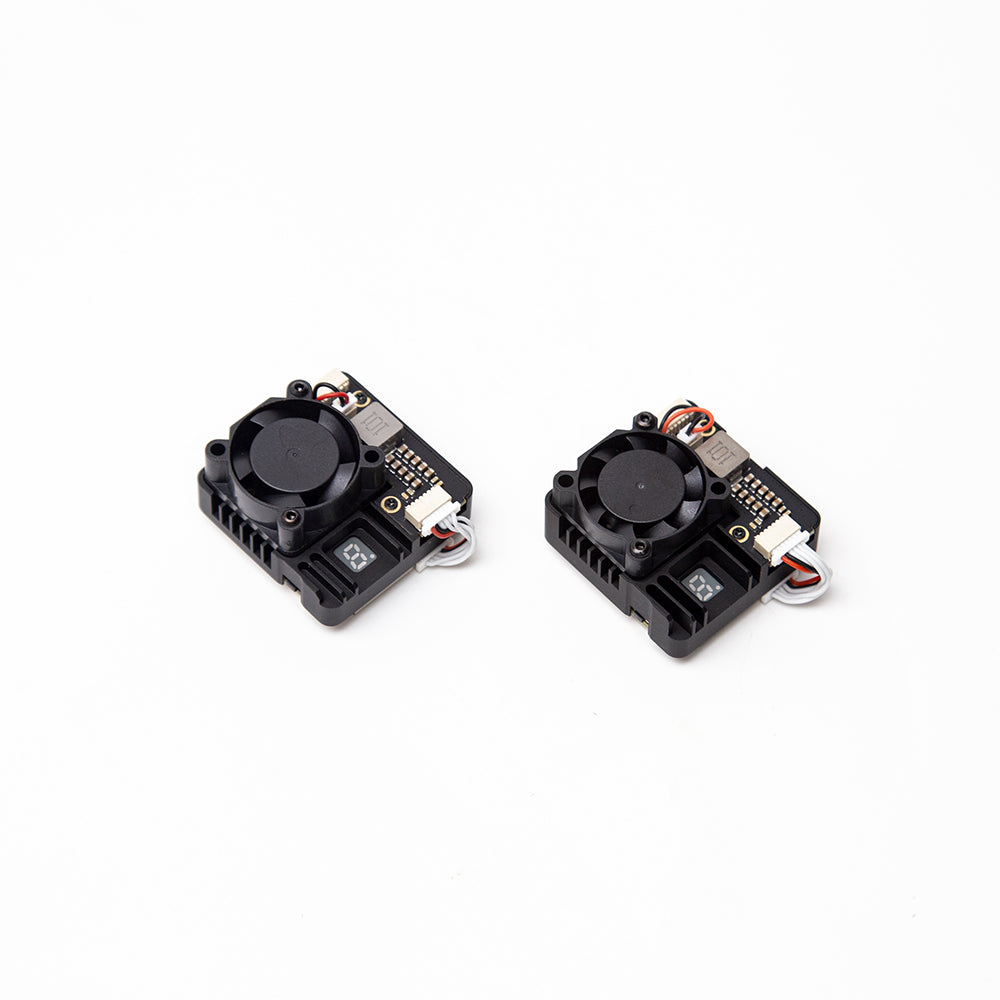 SKYZONE VT6550 CNC 6.5G 4W VTX units with cooling fan and 7-seg display, top view