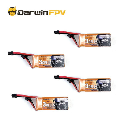 Four 3S 1150mAh LiPo packs arranged diagonally, showing label side and connector leads