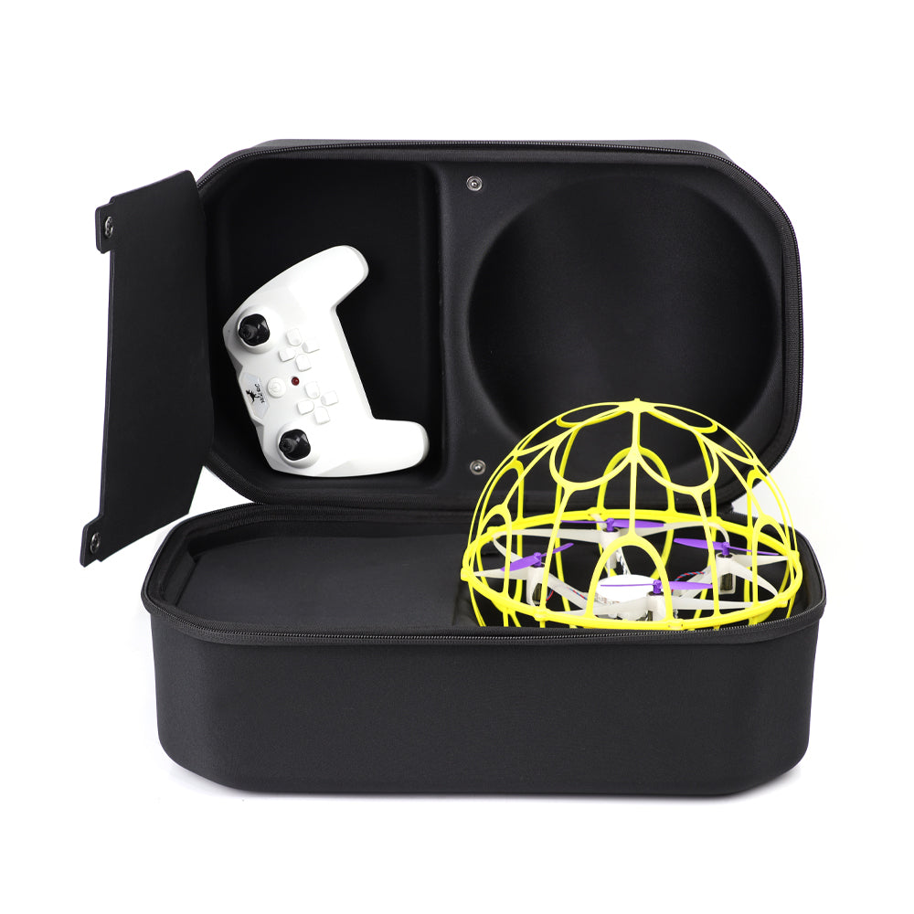 Soccer Drone Storage Bag open case with drone and remote controller in molded compartments