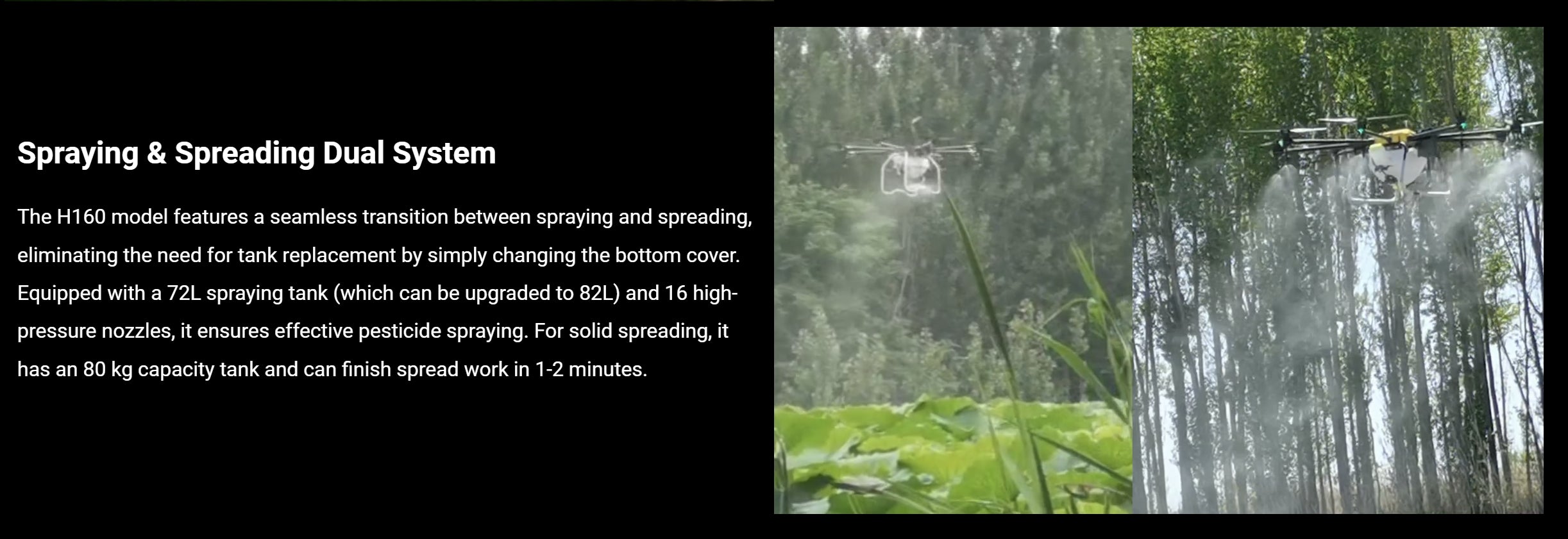 H160 Agricultural Drone - 8 Axis 72L 82L Spray / 80KG Spread X8 Motor Skydroid H12 14S 42000mAh Battery Agri Drone 12 H160 Agricultural Drone, the H160 model features a seamless transition between spraying and spreading . it has