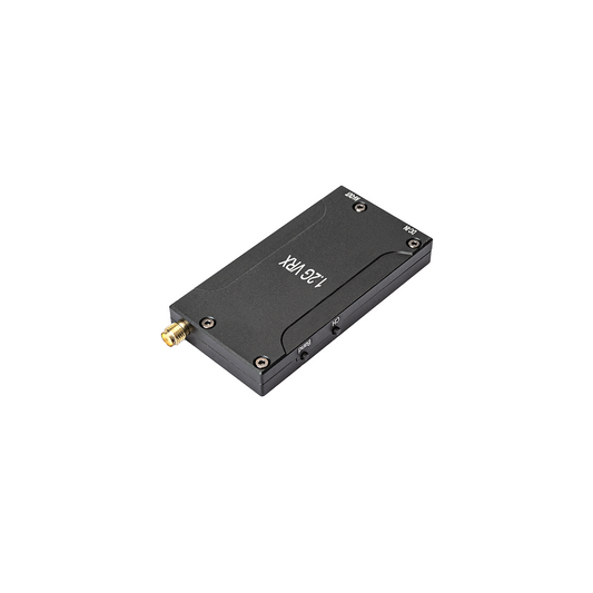 OddityRC 1.2G VRX video receiver angled view showing metal case and antenna connector
