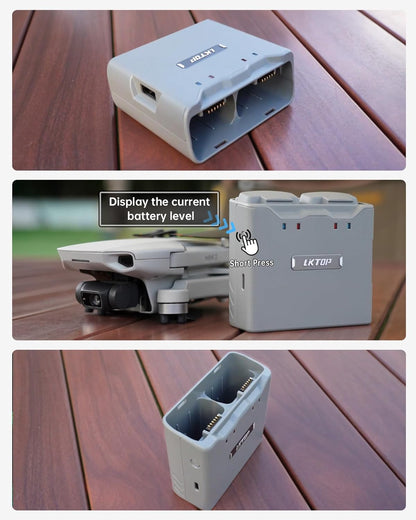 LKTOP dual battery charger hub displays levels via short press button.