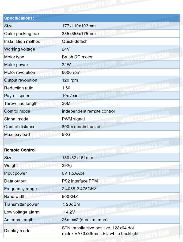 F10 Industrial Drone Winch with 5KG Payload Hook 10 Industrial drone winch specs: size, voltage, motor details, and remote control features.