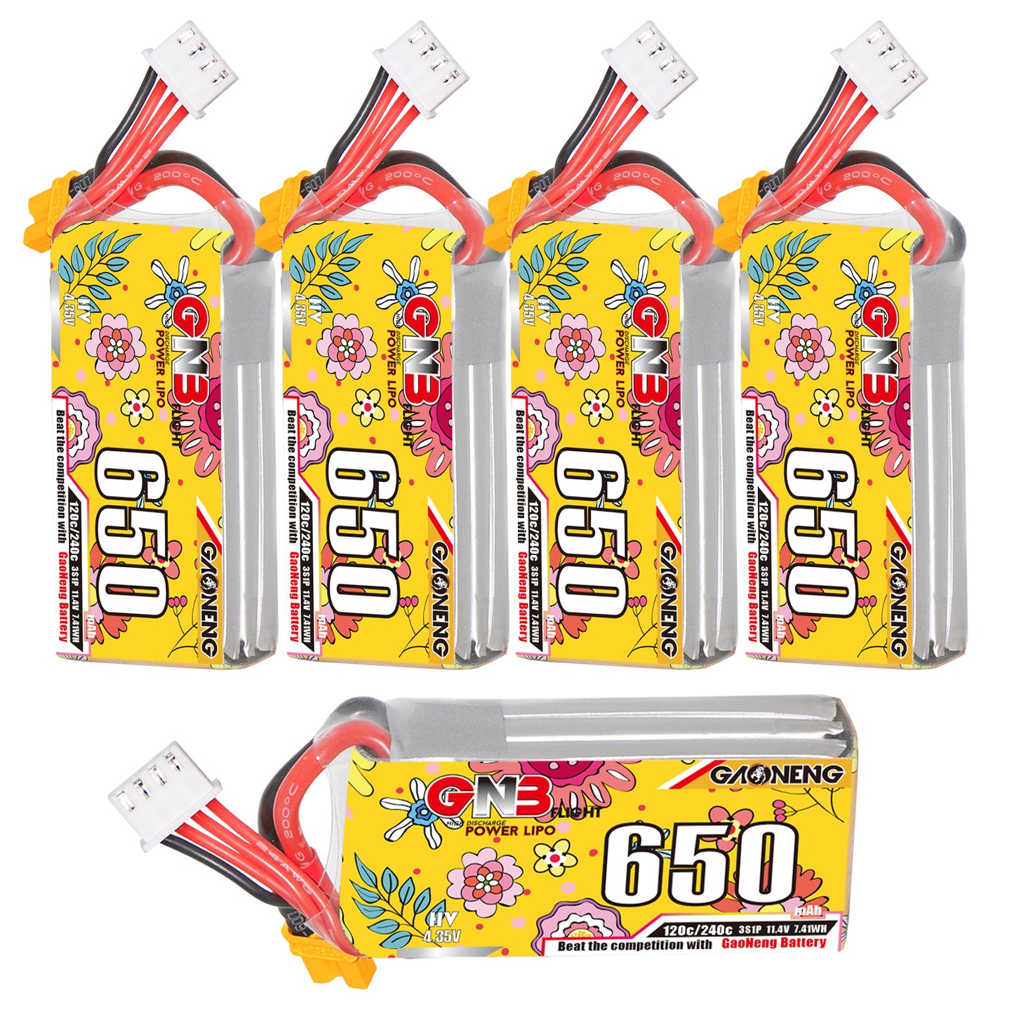 Five GNB 650 LiHV batteries group photo, including one horizontal unit showing full label and leads