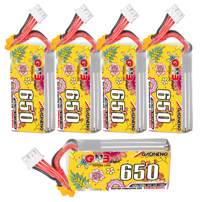 Five GNB 650 LiHV batteries group photo, including one horizontal unit showing full label and leads