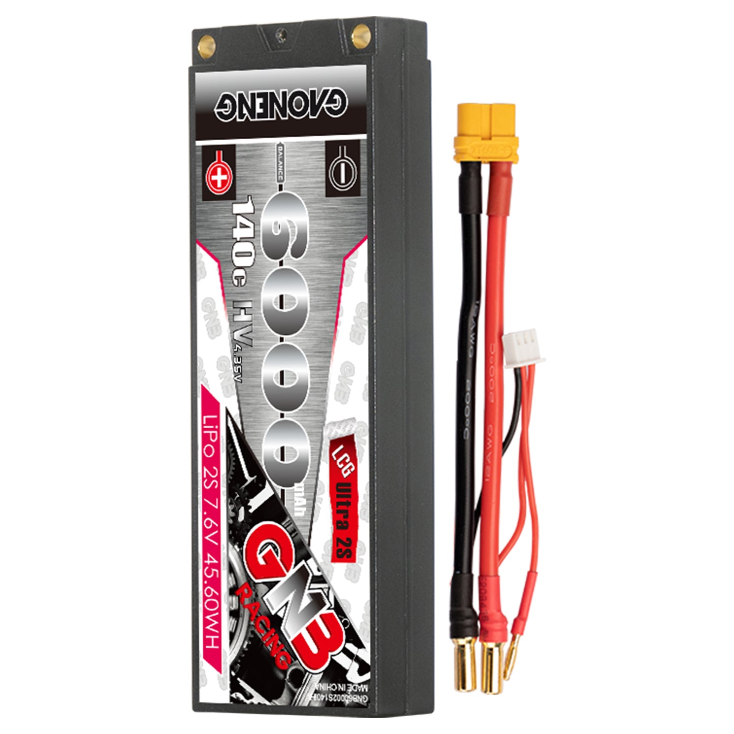 GNB LiHV 2S 7.6V 6000mAh 140C hard case Ultra LCG battery with 5mm bullet leads and yellow plug