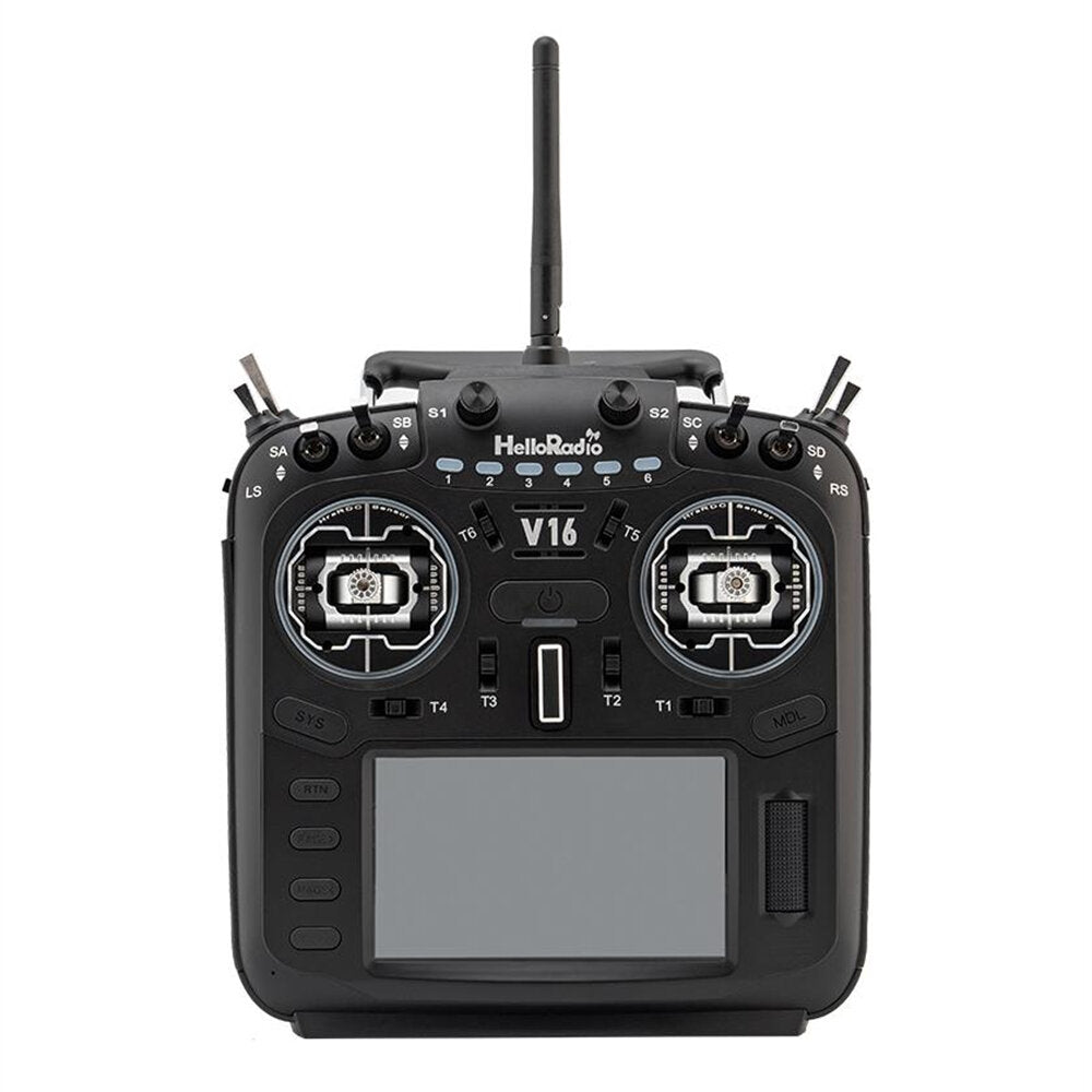 HelloRadioSky V16R MAX R9 Mode 2 FPV drone radio transmitter, front view with black gimbals