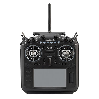 HelloRadioSky V16R MAX R9 Mode 2 FPV drone radio transmitter, front view with black gimbals