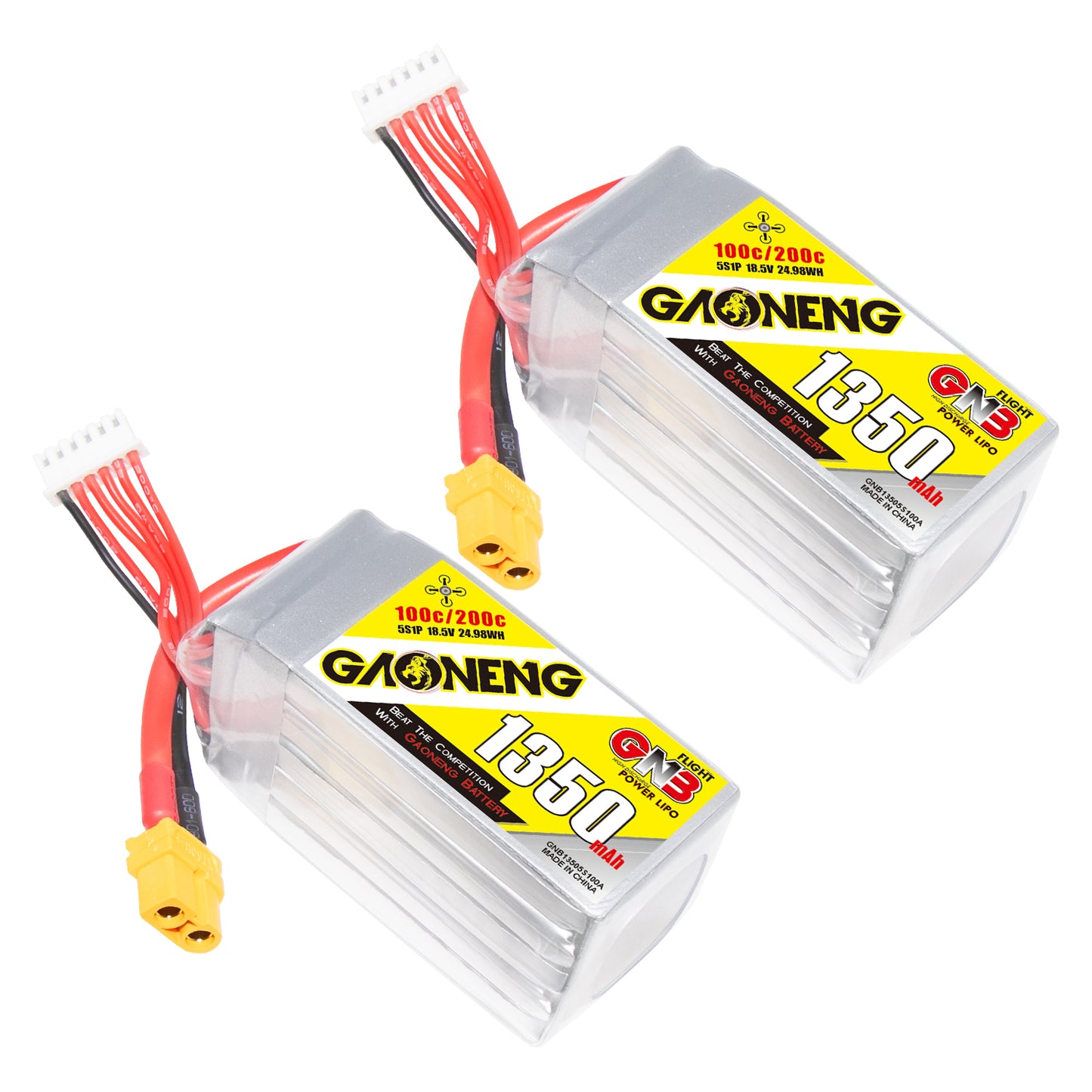 GAONENG GNB 5S 1350mAh 100C LiPo battery pair with XT60 connector and balance leads