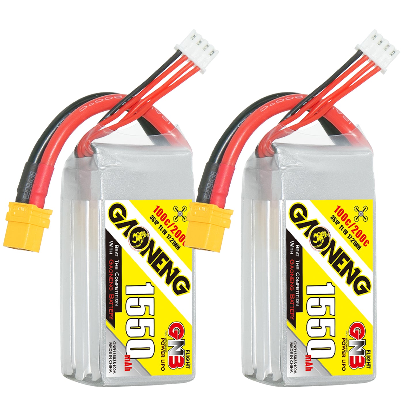 GAONENG GNB15503S100A 3S 11.1V 1550mAh 100C LiPo battery with XT60 and balance lead, 2-pack