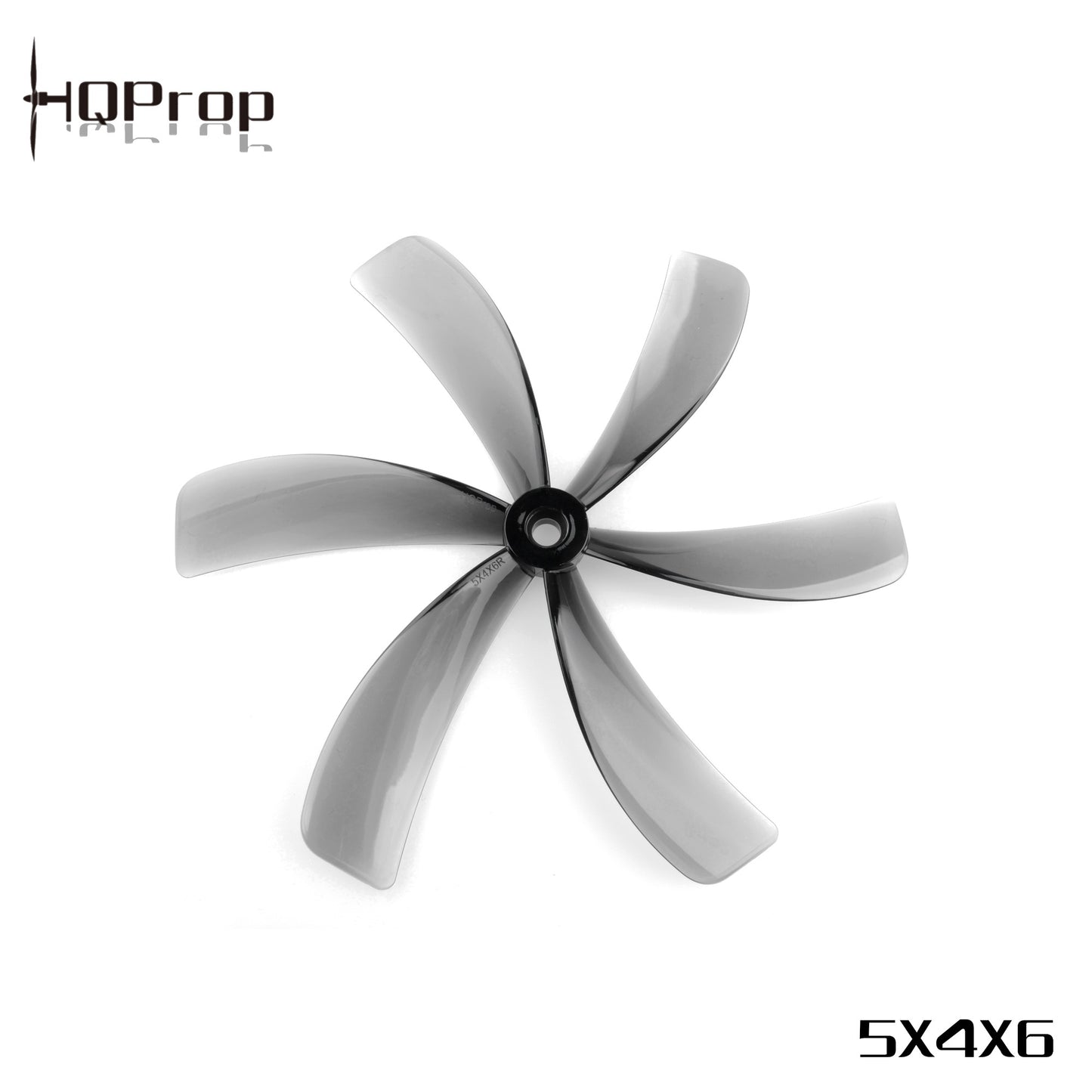 Single HQProp 5X4X6 light grey 6-blade propeller with black hub, 5mm center bore